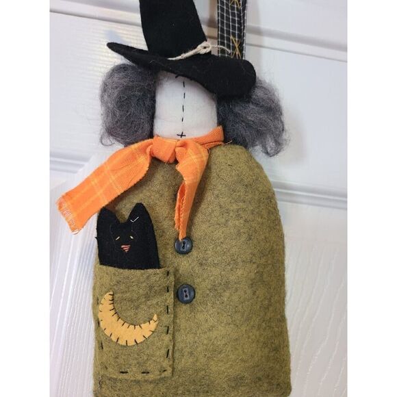 Folk Art Hanging Spooky Witch w Cat Felt Fabric Halloween Décor Primitive EUC - Picture 7 of 10